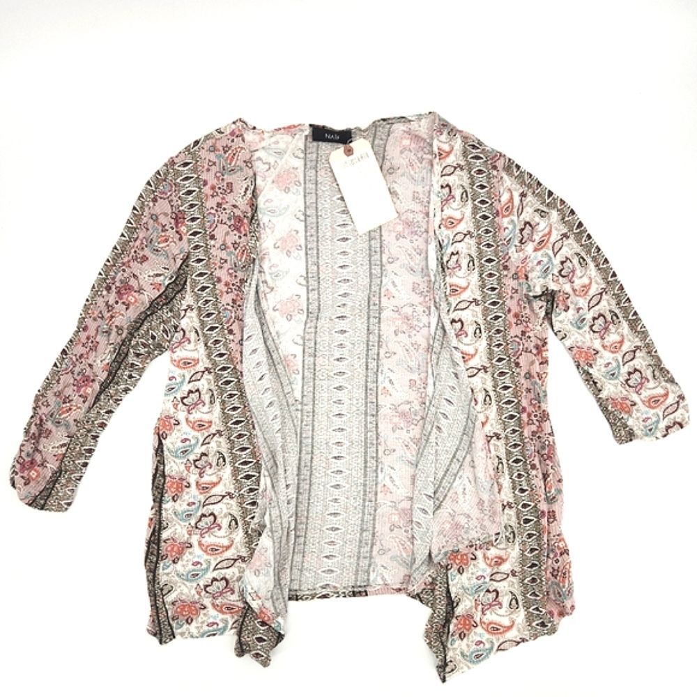 Naïf Cardigan Size 3X Womens Paisley Print  Gauze 3/4 Ruched Sleeves Open Front